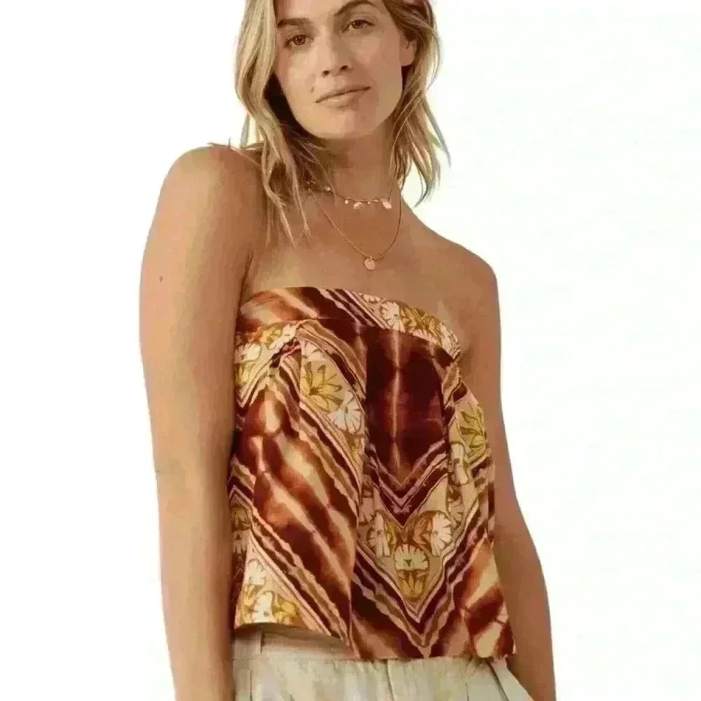 Free People Strapless Satin Tank in Brown and Cream Floral Print